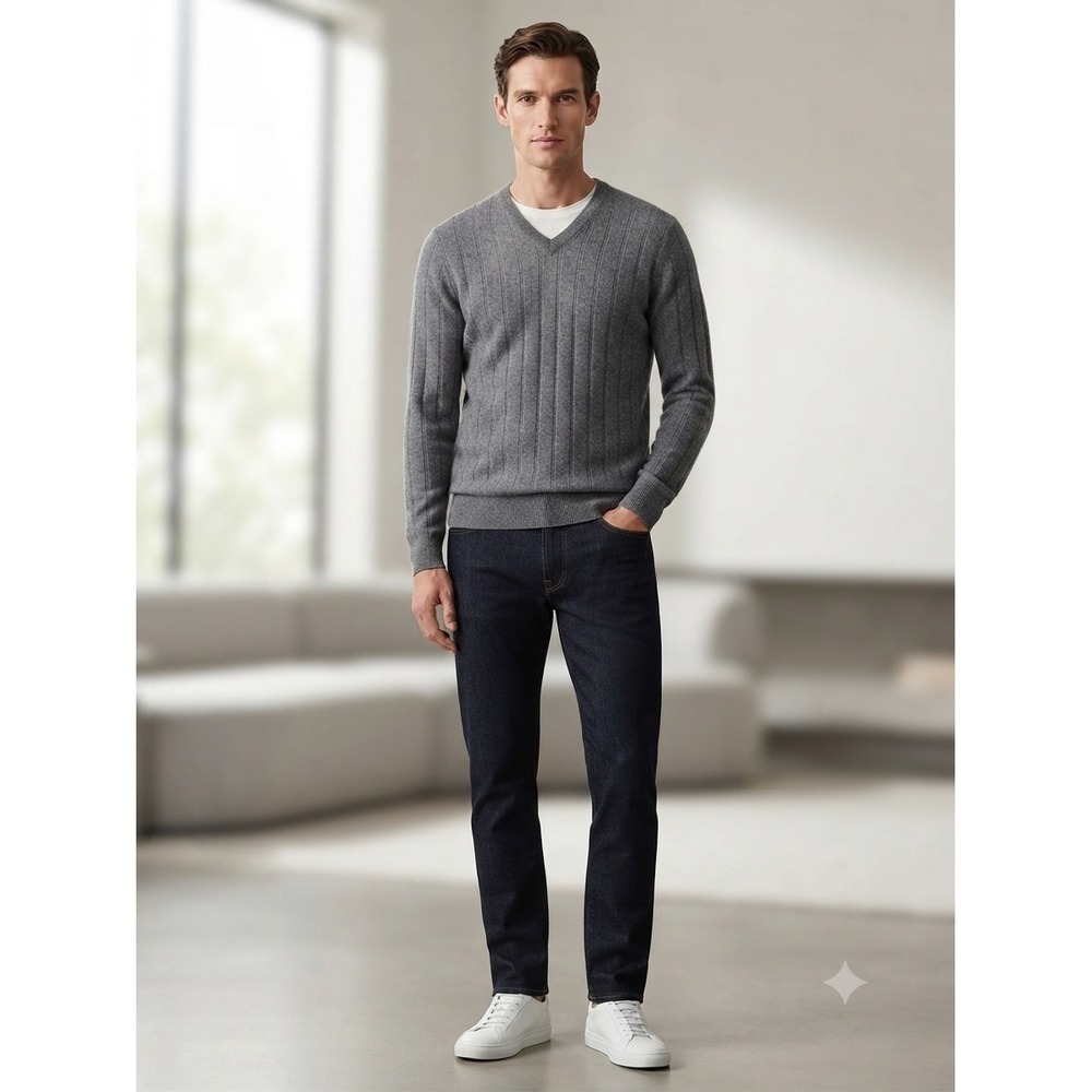 Tasso Elba Mens XL Gray 100% Cashmere V-Neck Ribbed Pullover Sweater WPL 8046